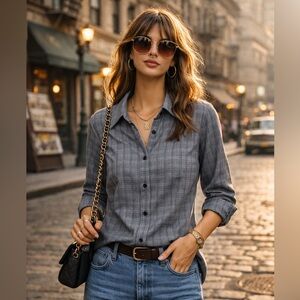 Meemoza Gray Plaid metallic threads Button-Up Shirt size small made in Quebec